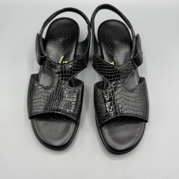 SAS Suntimer Heel Strap Hook and Loop Sandals Heels Black Croc Print Leather 8 - Picture 3 of 8